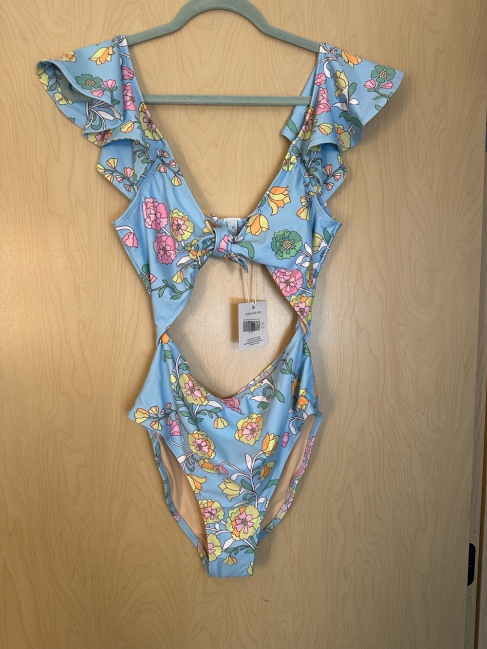 Blue Floral Cutout High-waist Swimsuit with Tie Front NWT